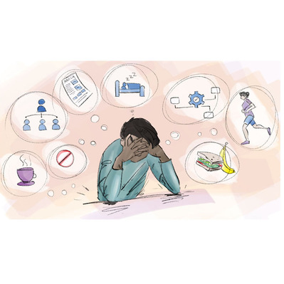 Explore Ainsley Ashby’s full-color illustration for the GoDaddy blog, depicting a distressed man surrounded by thought bubbles. This artwork effectively visualizes the complexities contributing to his mental load and stress.