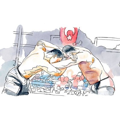 Editorial illustration depicting two people wrestling in a ring in Turkey, created in watercolor and ink, capturing dynamic movement and energy for a vibrant, action-filled scene.