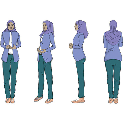 Corporate training illustrations for internal manuals showcasing a woman wearing a hijab in business casual attire, featuring character development with frontal, side, 3/4, and back views for inclusive training scenarios.