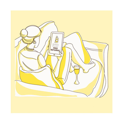 Vector illustration for Swimsuits Direct online advertising campaign, showcasing a woman sitting on her couch shopping for a swimsuit on the Swimsuits Direct website, emphasizing convenience and stylish options.