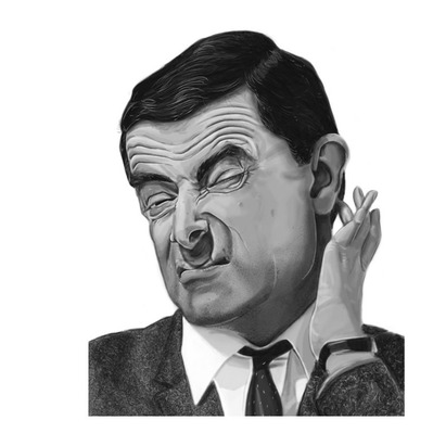 Black and white realistic portrait of Mr. Bean, created for a celebrity series. This illustration is ideal for editorial and publishing purposes, showcasing detailed artistry and character recognition.