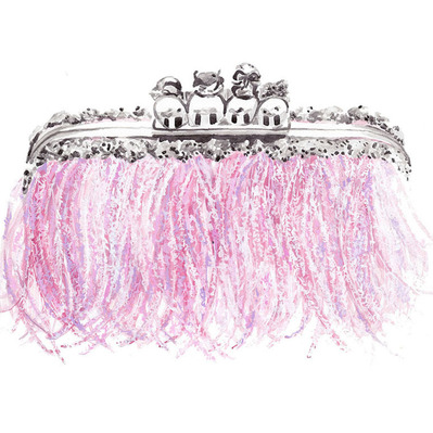 Watercolor illustration of a stylish pink clutch made of feathers, designed for fashion promotional advertising. This artwork emphasizes luxury and creativity, showcasing the unique design in an eye-catching way.