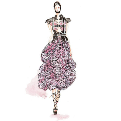 Watercolor illustration of a woman walking the runway in a floral dress and mask. This artwork captures the fusion of fashion and health, highlighting contemporary trends in a stylish manner.