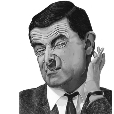 Black and white portrait of Mr. Bean, captured with lifelike details, showcasing his distinct features and expressions in a realistic, detailed style.