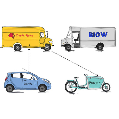 Full-color advertising storyboard illustration showcasing various delivery methods, including bike, truck, and car, emphasizing modern logistics solutions for efficient and versatile transport options in urban settings.