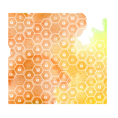 Watercolor illustration in vibrant orange, designed for the GoDaddy blog, featuring a honeycomb network of locks. This artwork symbolizes security and connectivity in a visually striking manner.