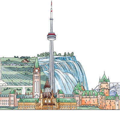 Watercolor illustration featuring the CN Tower, Ottawa's Parliament Buildings, and Niagara Falls, designed as a branding banner for an international bank. This artwork highlights Canada's iconic landmarks and cultural significance.
