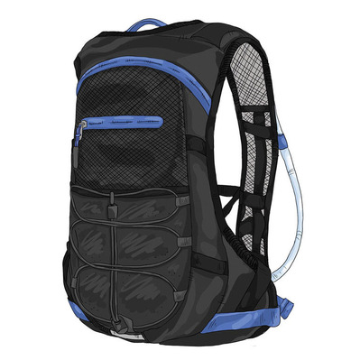 Full-color product illustration of a hiking backpack and water pouch in a 3/4 front view, showcasing intricate textures and technical details. Ideal for sales purposes, highlighting functionality and design.