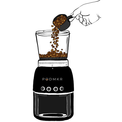 Experience a clear black and white illustration of a coffee pod maker by Ainsley Ashby. This impressive artwork highlights intricate details, making it perfect for product manuals and visual guides.