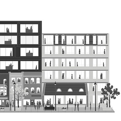 Black and white vector illustration of a futuristic Yonge Street in Toronto, capturing the lively interaction of families, shops, and urban spaces, tailored for a real estate company's forward-looking project.