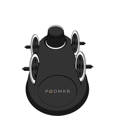 Black and white technical product illustration detailing a coffee pod maker and its holder, showcasing assembly instructions and device components, ideal for instructional manuals and product guides.