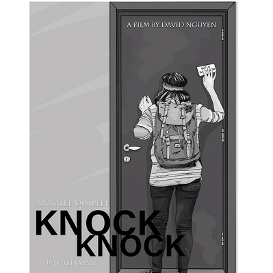 Black and white film promotional poster illustration featuring the back of a woman with a backpack, knocking on a door, evoking curiosity and anticipation for the storyline.