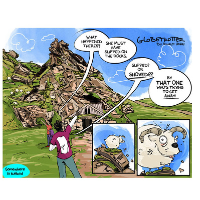 Globetrotter comics illustration featuring Chloe and Ferrari in Iceland, set in a mountainous landscape, observing mountain sheep in the wild, showcasing adventure and nature in a vibrant, detailed comic style.