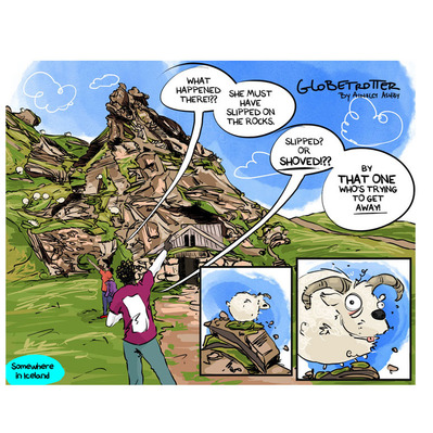 Full-color Globetrotter Sunday comic set in Iceland, crafted by Ainsley Ashby, blending creativity and humor. Located in the Comics section under Styles on Ainsley's website, it showcases unique travel storytelling through vibrant illustrations.