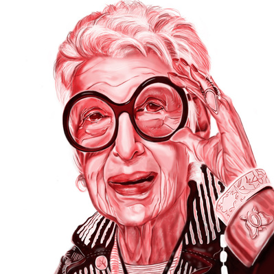 Vibrant monochromatic realism illustration of Iris Apfel, the fashion icon, rendered in striking red tones, ideal for editorial illustrations that celebrate style and personality.