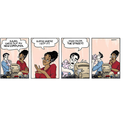 4-panel Globetrotter comic featuring Chloe's mom, Elsie, boasting to Julian, Chloe's ex-boss, about her 'new computer' with comic flair and charm.