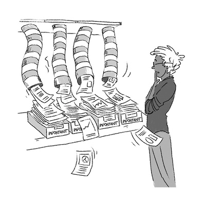 Editorial illustration of a person overwhelmed by numerous notes and tasks flowing down four different pipes, creating a chaotic scene, drawn in a detailed, dynamic ink and wash style.