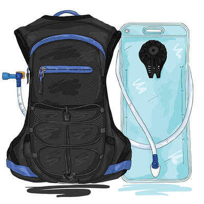 Technical product illustration showcasing the front side of a hiking backpack, highlighting intricate design details, materials, and functionality, ideal for marketing and sales purposes in outdoor gear.