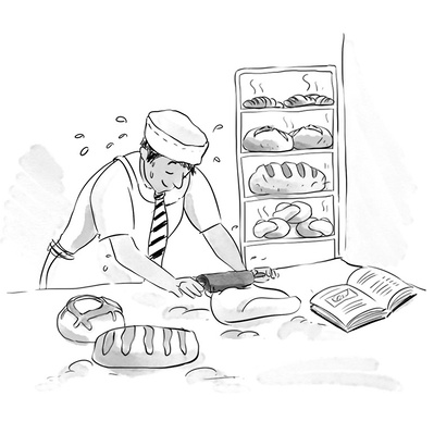 Black and white cartoon-style chapter illustration showing a baker rolling out dough to make bread, with detailed, playful lines capturing the process in a lighthearted, easy-to-understand way.