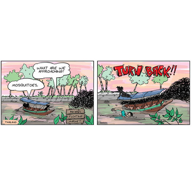 4-panel Globetrotter comic set in Thailand's bustling floating market, where Chloe humorously begs the boat operator to turn back due to relentless mosquitoes.