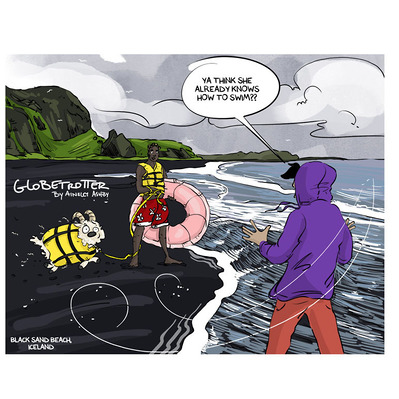 Globetrotter comics illustration featuring Chloe and Ferrari walking alongside sheep on a black sand beach in Iceland, capturing the dramatic landscape and wildlife in a vibrant and adventurous comic style.