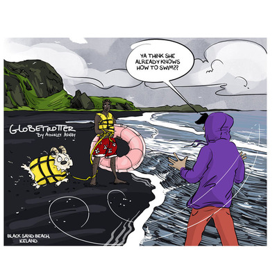 Sunday comic set on Iceland's dramatic black sand beach, featuring Chloe, Ferrari, and the adventurous sheep they brought along. This colorful scene captures their journey across the country, highlighting Iceland's unique landscape and the whimsical