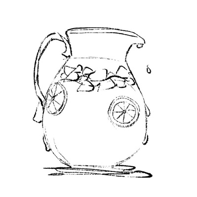 Charming black and white ink illustration of a lemonade jug filled with lemonade, designed for kids' promotional products, adding a playful touch to marketing materials.