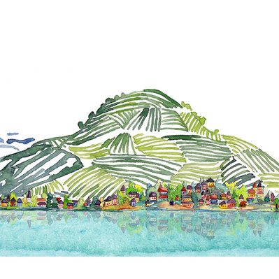Watercolor illustration of the rolling hills of Switzerland, crafted for branding purposes, capturing the serene beauty of the landscape and used as an eye-catching banner for promotional materials.