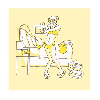 Vector illustration for Swimsuits Direct online advertising campaign, featuring a woman taking a selfie in her room while wearing her new swimsuit, with scattered packaging around her bed, showcasing excitement and joy.