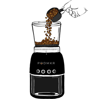 Technical product illustration for an information booklet, showcasing a hand measuring and pouring coffee beans into a pod maker, designed to enhance user understanding and product usability.