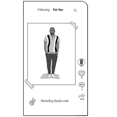Ben Sherman storyboard illustration for a TikTok ad, showcasing a smartphone display with a complete outfit worn by a Black man, designed for engaging marketing and advertising initiatives.