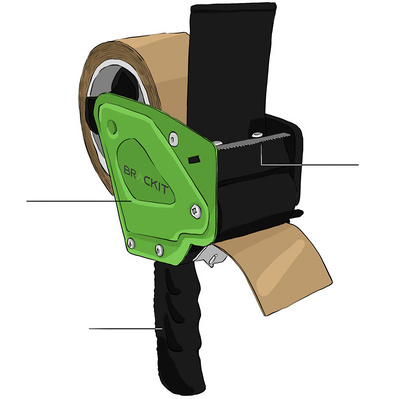 Full-color technical illustration of a packing tape holder, showcasing accurate details and specifications designed for product information, marketing, and sales purposes, enhancing consumer understanding and appeal.