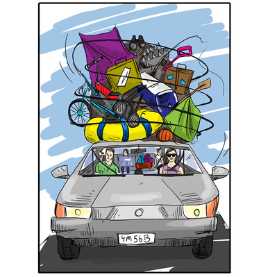Editorial illustration showing a family in a car with camping gear tied to the roof, capturing the excitement and preparation for a road trip adventure, created in a vibrant, detailed style.