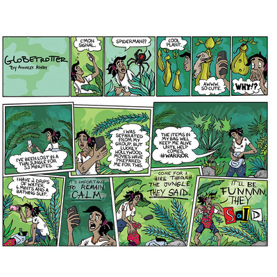 Globetrotter comics illustration depicting Chloe lost in a lush Thai jungle, playfully putting on a bathing suit, blending humor and adventure in a vibrant and detailed comic style.