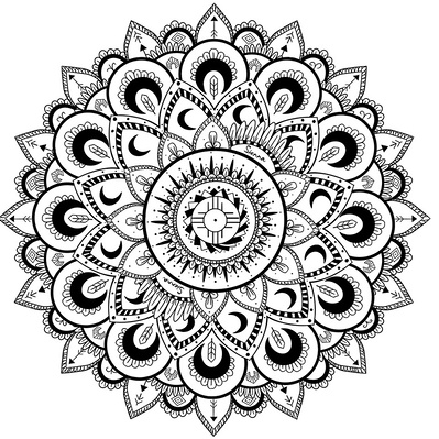 Black and white ink illustration of an intricate mandala, designed to promote mindfulness, ideal for the publishing industry in wellness and relaxation materials.