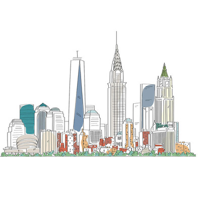 Full-color vector illustration of a whimsical NYC skyline, featuring prominent buildings, designed for a t-shirt graphic that captures the essence of New York City’s vibrant architecture and culture.