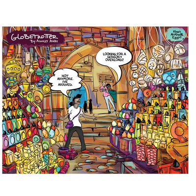 Sunday comic set in Old Cairo's vibrant night market, where Chloe is mesmerized by the stunning array of colorful goods and exotic treasures, showcasing the enchanting atmosphere of this bustling marketplace.