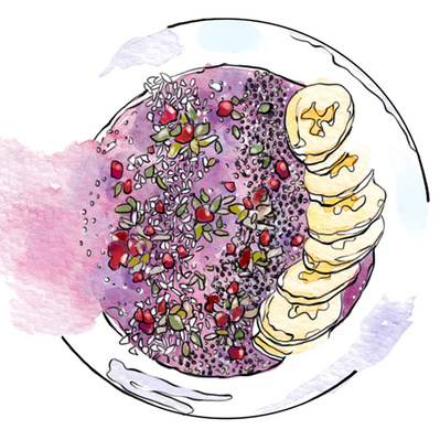 Watercolor illustration of a bowl of yogurt in vibrant purple and pink, adorned with salad toppers and bananas. Designed as a product illustration for promotional advertising, highlighting freshness and flavor.