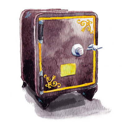 Watercolor illustration of a secure bank safe, designed for branding purposes. This artwork symbolizes trust and security, emphasizing the bank's commitment to safeguarding customers' assets and financial well-being.