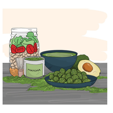 Discover Ainsley Ashby’s full-color illustration for food and beverage publishing, showcasing an array of delicious food and beverages crafted from matcha, perfect for culinary enthusiasts and health-conscious readers.