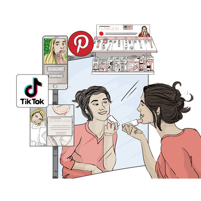 Explore Ainsley Ashby’s engaging illustration for Church & Dwight’s Flawless, featuring a woman applying makeup in the mirror, surrounded by marketing initiatives that influenced her purchase decision.