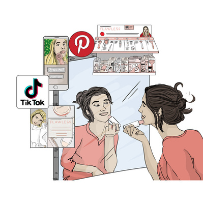 Explore Ainsley Ashby’s engaging illustration for Church & Dwight’s Flawless, featuring a woman applying makeup in the mirror, surrounded by marketing initiatives that influenced her purchase decision.