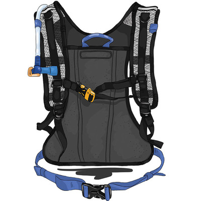Full-color product illustration of a hiking backpack and water pouch from the back view, highlighting intricate textures and technical details. Perfect for sales purposes, emphasizing quality and design for outdoor enthusiasts.