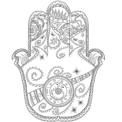 Black and white ink illustration of a hand with intricate mandala details, crafted for an adult coloring book, perfect for promotional and publishing industries seeking engaging, artistic designs.