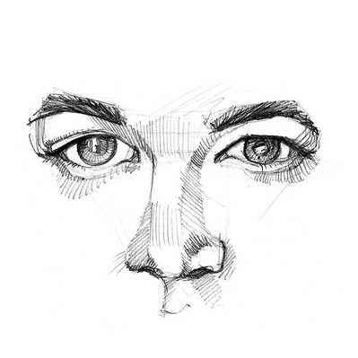 Black and white ink sketch of a woman’s facial features, focusing on eyes and nose with minimalist detail, ideal for editorial and publishing, emphasizing elegance and expression through simplicity.