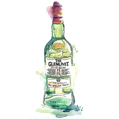 Watercolor illustration of a green alcohol bottle creatively presented, designed for product illustration and advertising purposes. This artwork emphasizes the bottle's unique features, enhancing its appeal to potential customers.