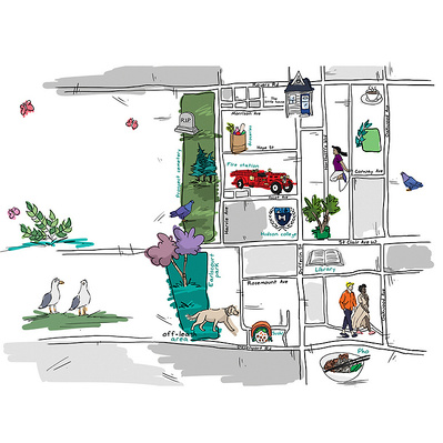 Explore Ainsley Ashby’s full-color sketch created for a real estate agent, depicting a vibrant Toronto intersection. This artwork highlights local attractions and activities, showcasing the area’s unique character and appeal.