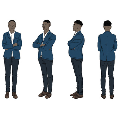 Character illustration of a Black man in comfortable business attire, showcased from all 360-degree perspectives. Ideal for internal training materials emphasizing inclusivity and diversity in professional environments.