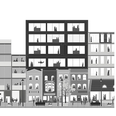 Grayscale vector illustration envisioning a future Yonge Street in Toronto, showcasing vibrant city life with families and shops harmoniously integrated, designed for a real estate company’s project projections.
