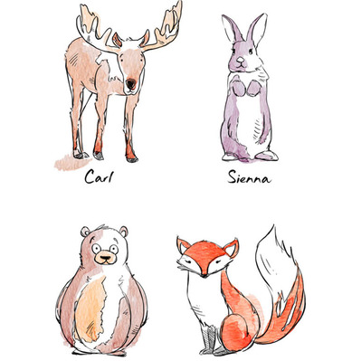 
Watercolor illustration featuring a fox, moose, rabbit, and groundhog, created in a whimsical children's illustration style. This charming artwork appeals to young audiences, sparking imagination and storytelling.